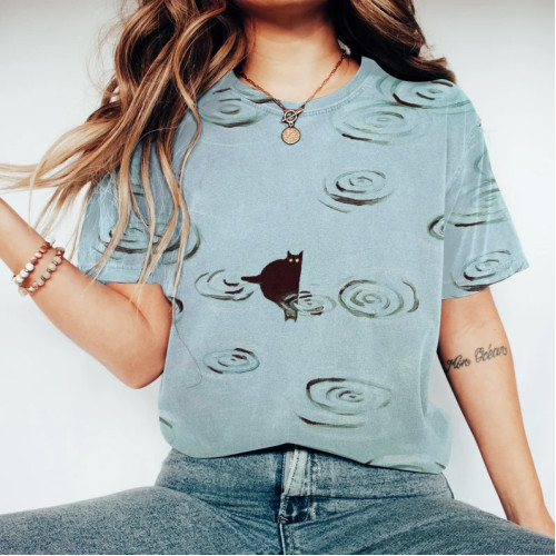 Art Cat Print Round Neck Short Sleeve T-Shirt