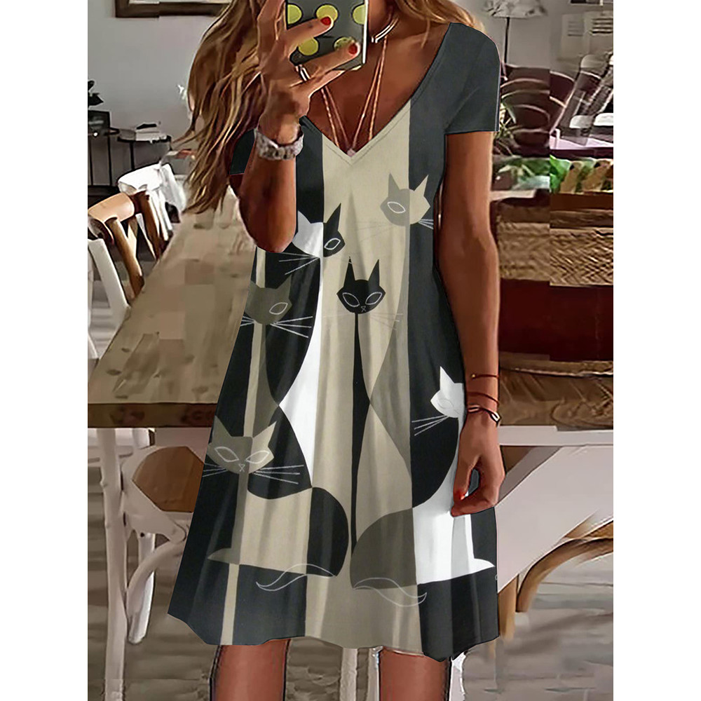 Artistic Cat Print V Neck Short Sleeve Casual Midi Dress