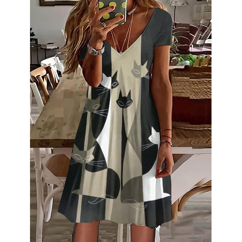 Artistic Cat Print V Neck Short Sleeve Casual Midi Dress