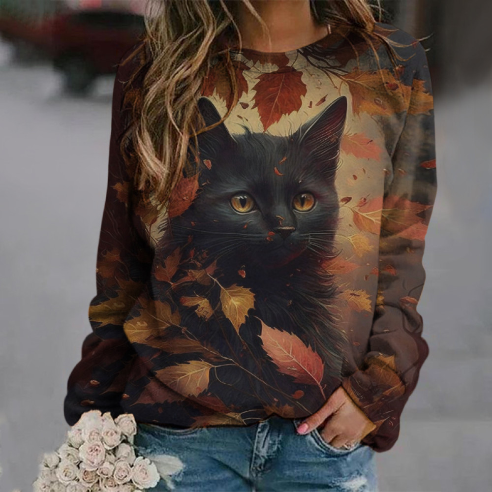 Autumn Cat Print Long Sleeve Sweatshirt