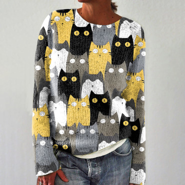 Autumn Winter Cute Cat Print Casual Knit Pullover Sweater