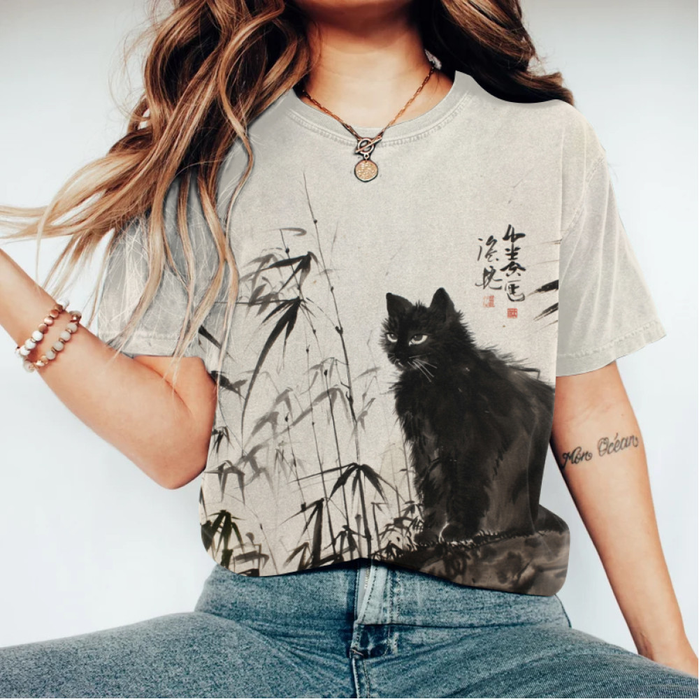 Bamboo Forest & Cat Painting Art T-Shirt