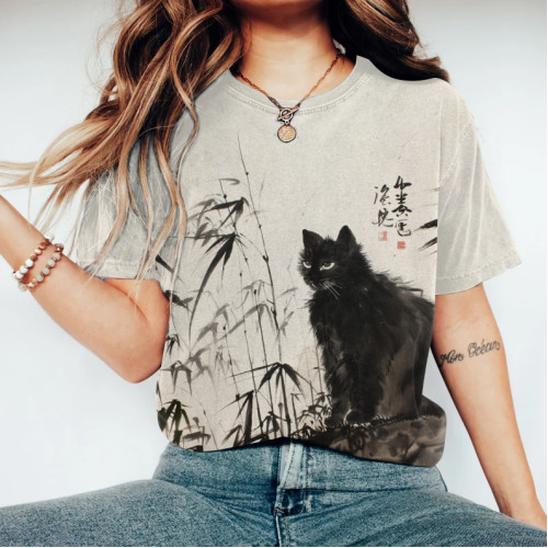 Bamboo Forest & Cat Painting Art T-Shirt