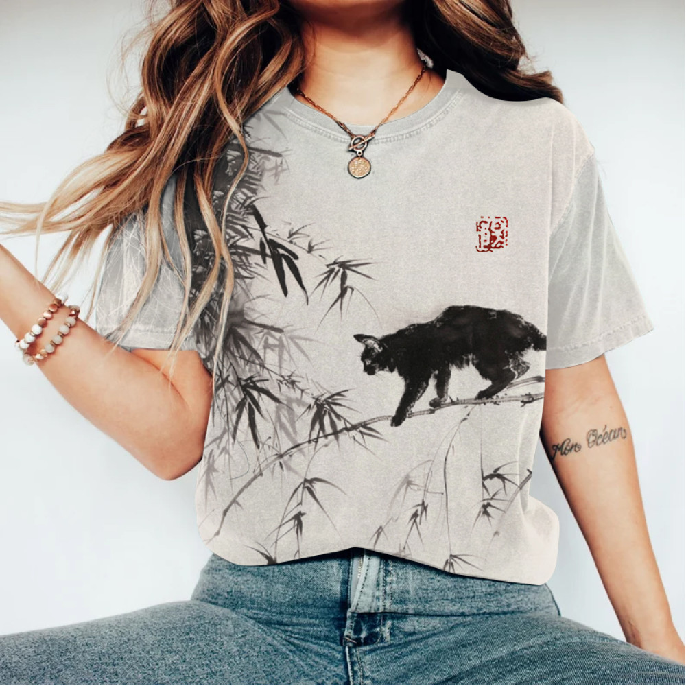 Bamboo Forest & Cat Painting Art T-Shirt
