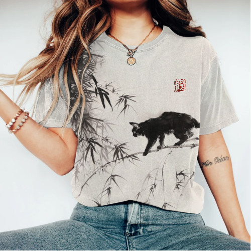 Bamboo Forest & Cat Painting Art T-Shirt