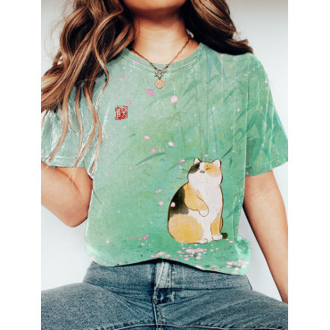 Bamboo & Cat Japanese Art Print Short Sleeve T-Shirt