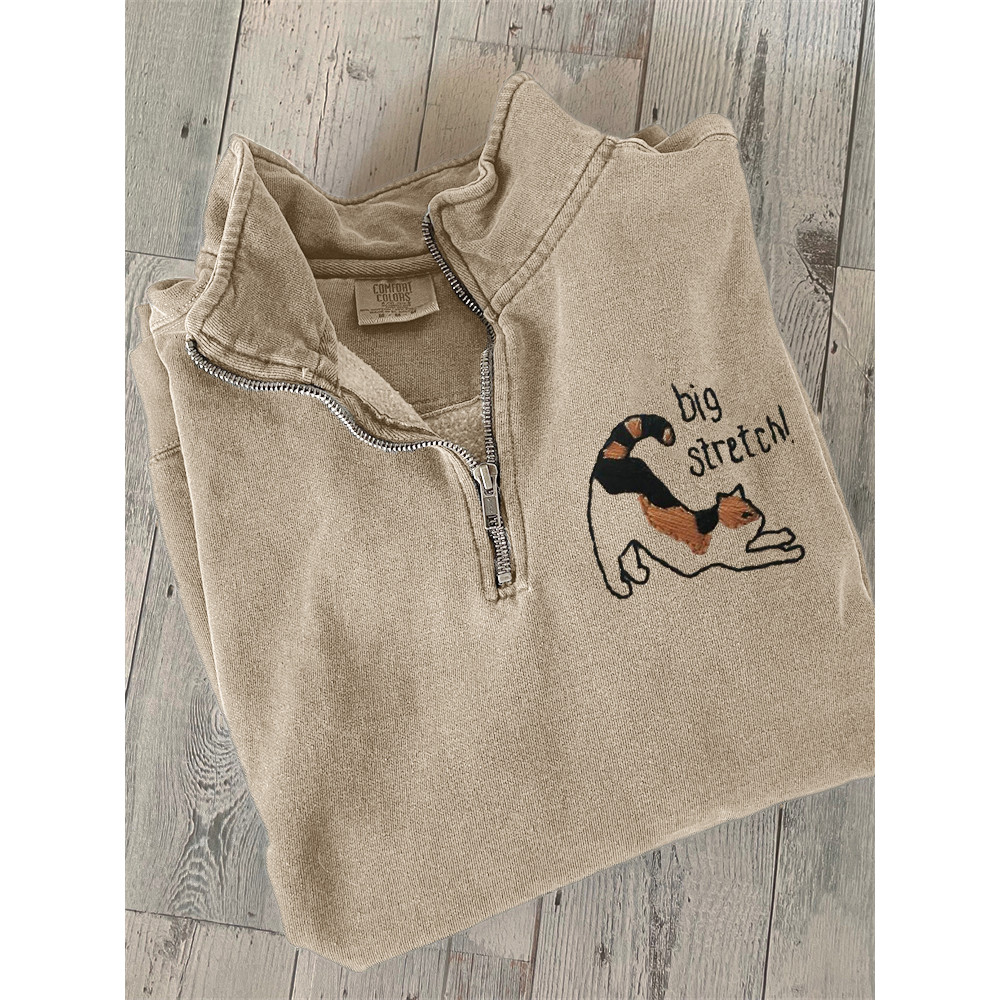 Big Stretch Lovely Cat Embroidery Art Zip Up Sweatshirt