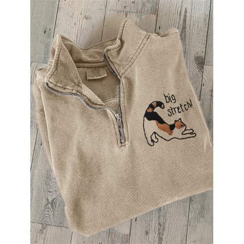 Big Stretch Lovely Cat Embroidery Art Zip Up Sweatshirt