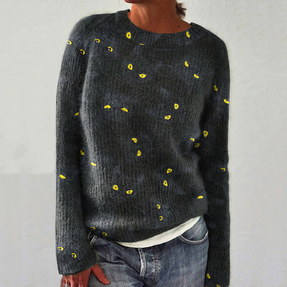 Black Cat Art Color Block Knitted Print Sweatshirt