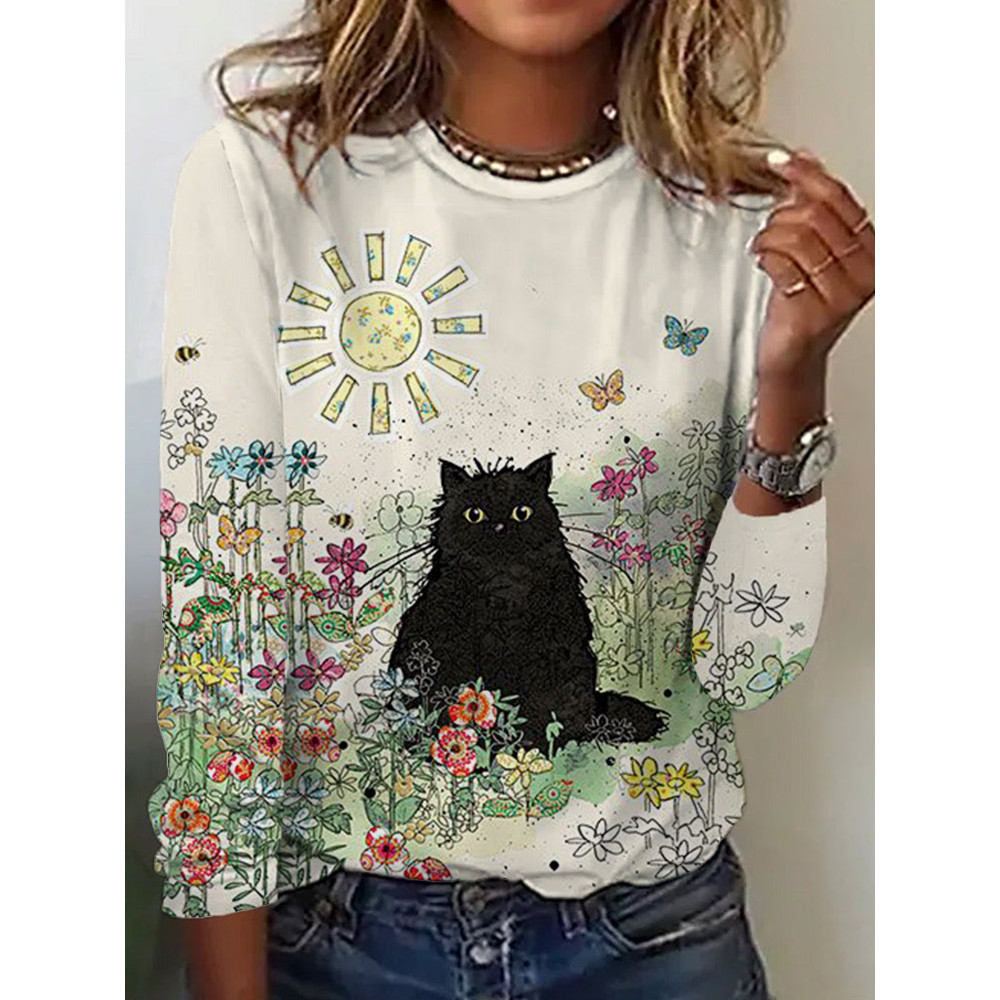 Black Cat Art Print Casual Long Sleeve T-Shirt