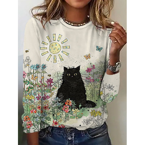 Black Cat Art Print Casual Long Sleeve T-Shirt