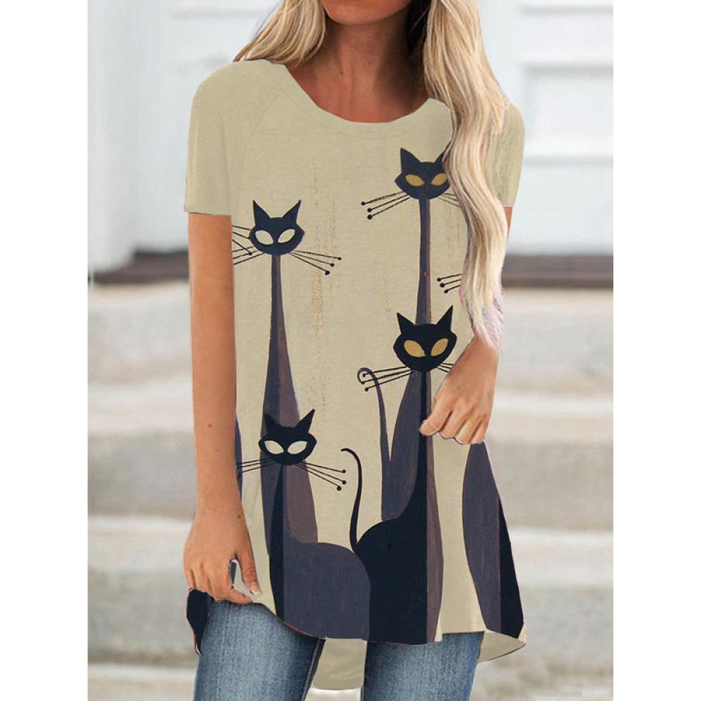 Black Cat Art Printed Short-Sleeve Tunic