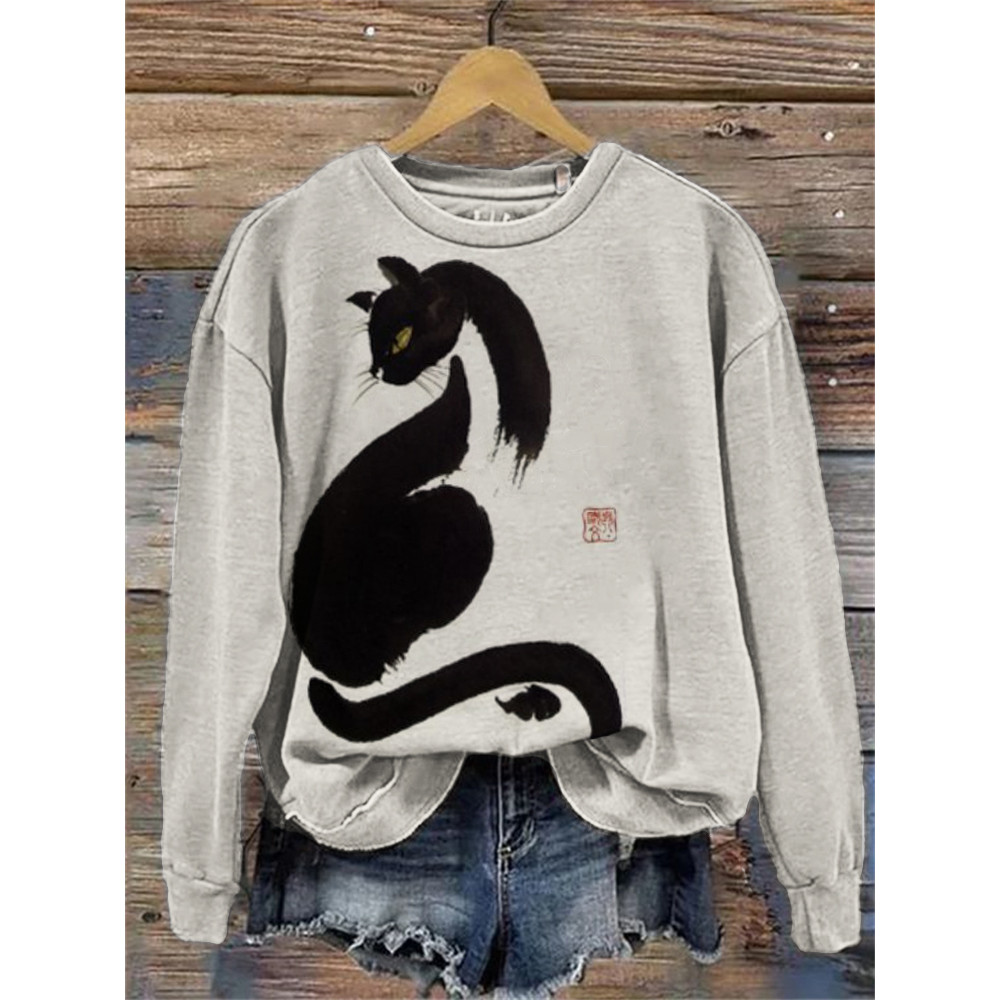 Black Cat Asian Brush Art Comfy Sweatshirt