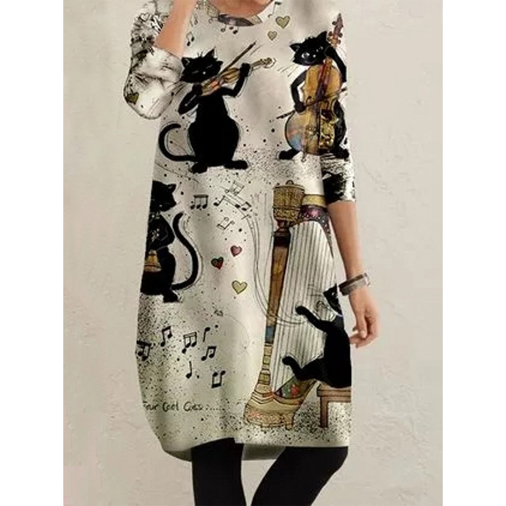 Black Cat Band Printed Long-Sleeve Casual Long Tunic