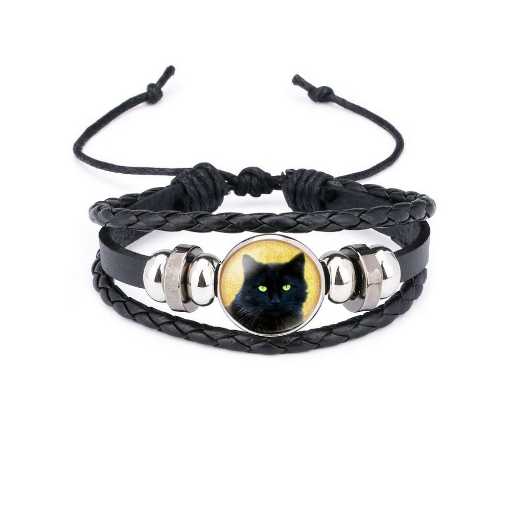 Black Cat Beaded Leather Woven Bracelet