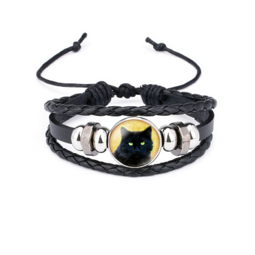 Black Cat Beaded Leather Woven Bracelet