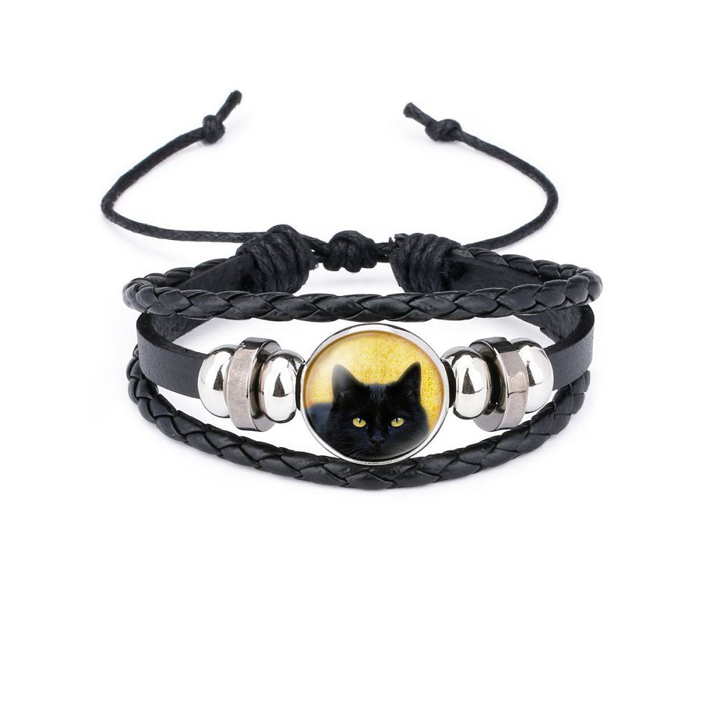 Black Cat Beaded Leather Woven Bracelet