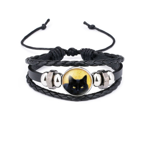 Black Cat Beaded Leather Woven Bracelet