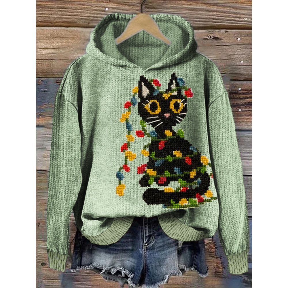 Black Cat Christmas Tree Cozy Knit Hoodie