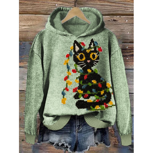 Black Cat Christmas Tree Cozy Knit Hoodie