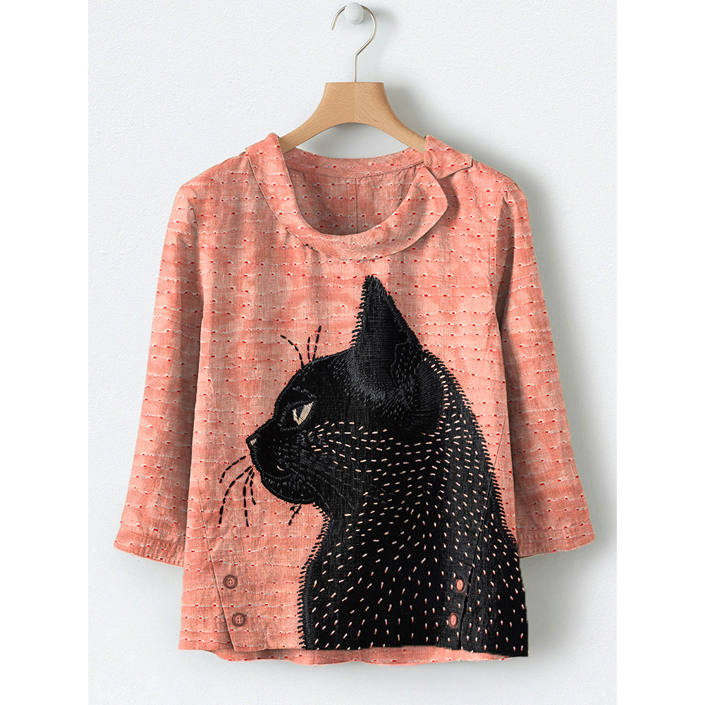 Black Cat Embroidery Pattern Linen Blend Shirt