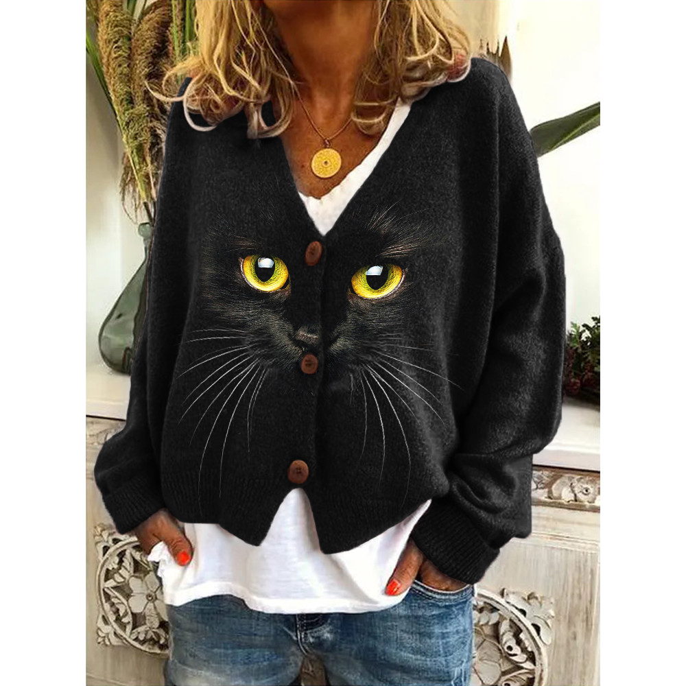 Black Cat Face Cozy Knit Cardigan