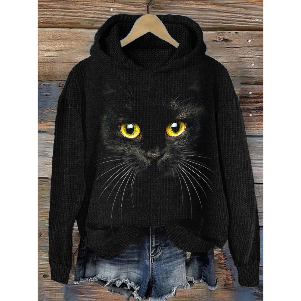 Black Cat Face Cozy Knit Hoodie