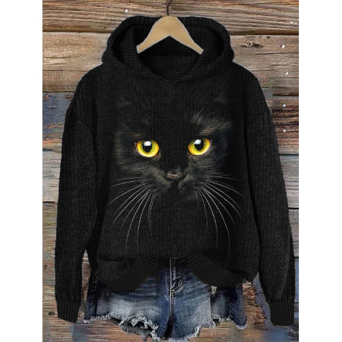 Black Cat Face Cozy Knit Hoodie