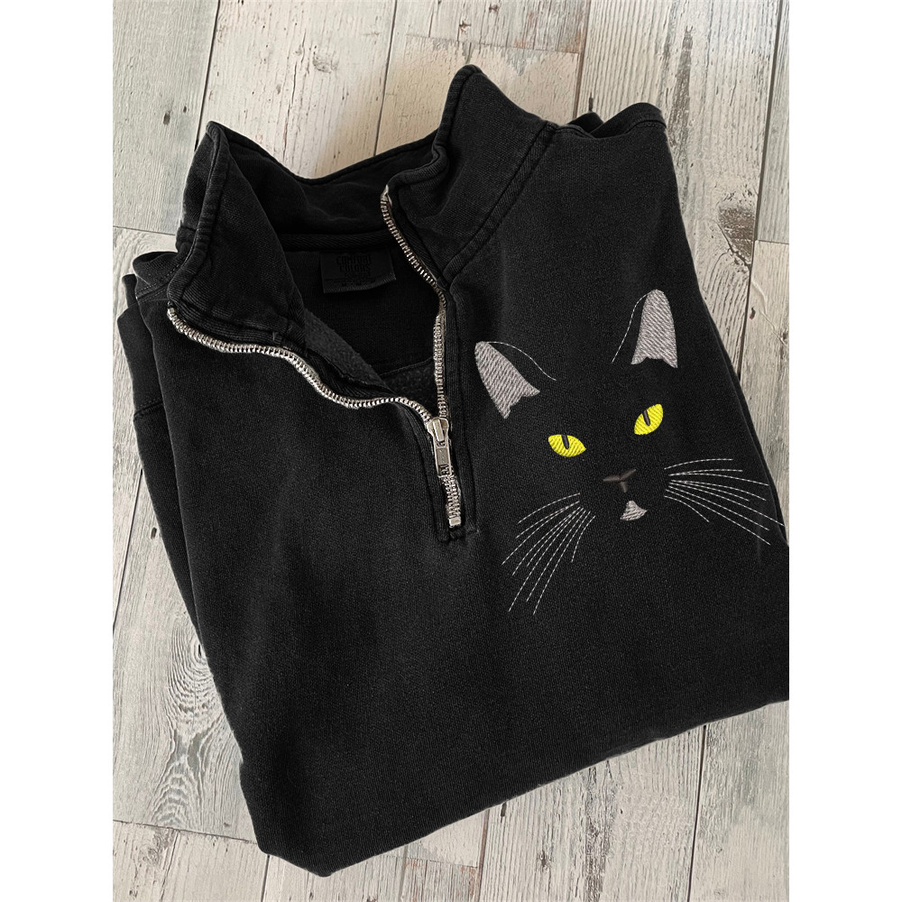 Black Cat Face Embroidery Art Zip Up Sweatshirt