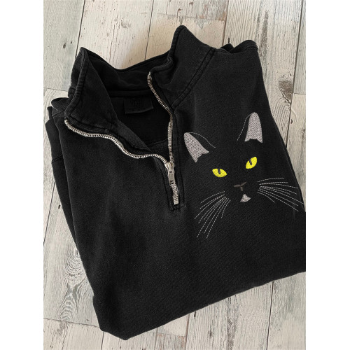 Black Cat Face Embroidery Art Zip Up Sweatshirt