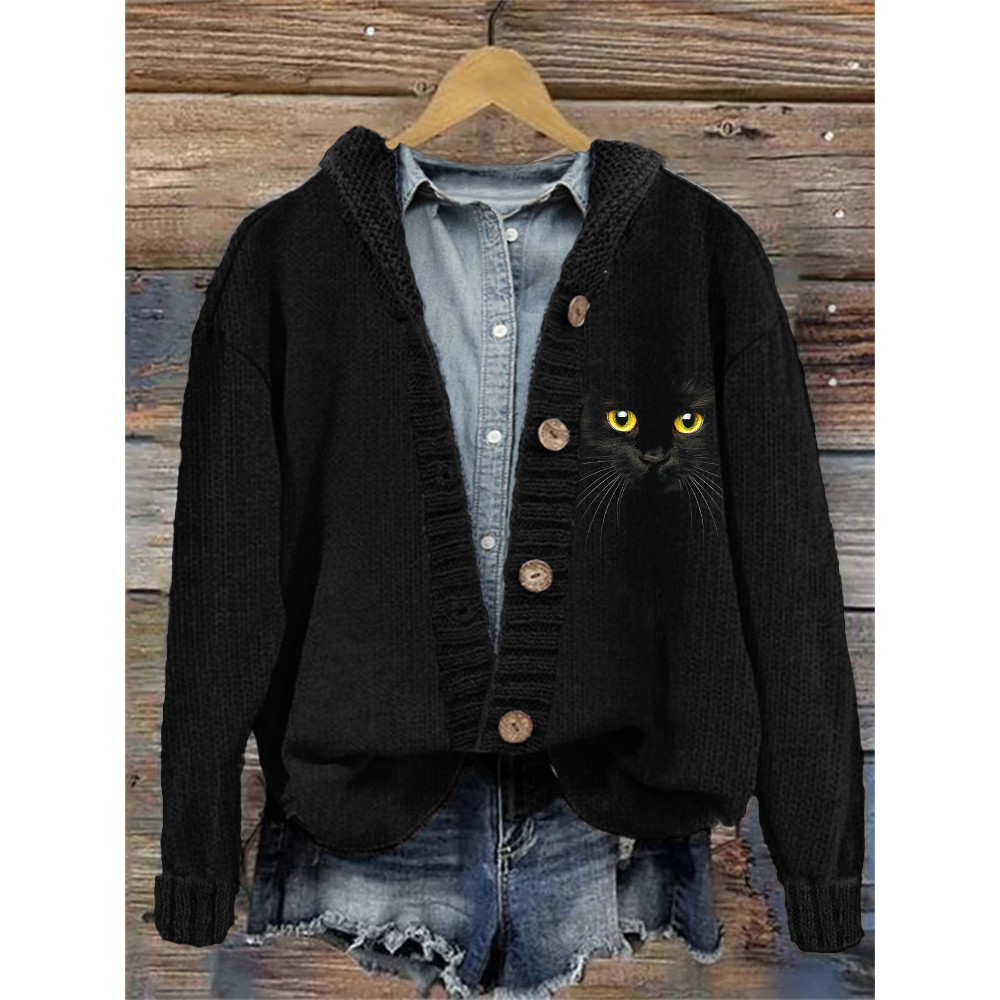 Black Cat Face Knit Cozy Hooded Cardigan