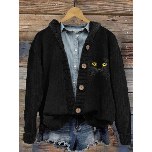 Black Cat Face Knit Cozy Hooded Cardigan