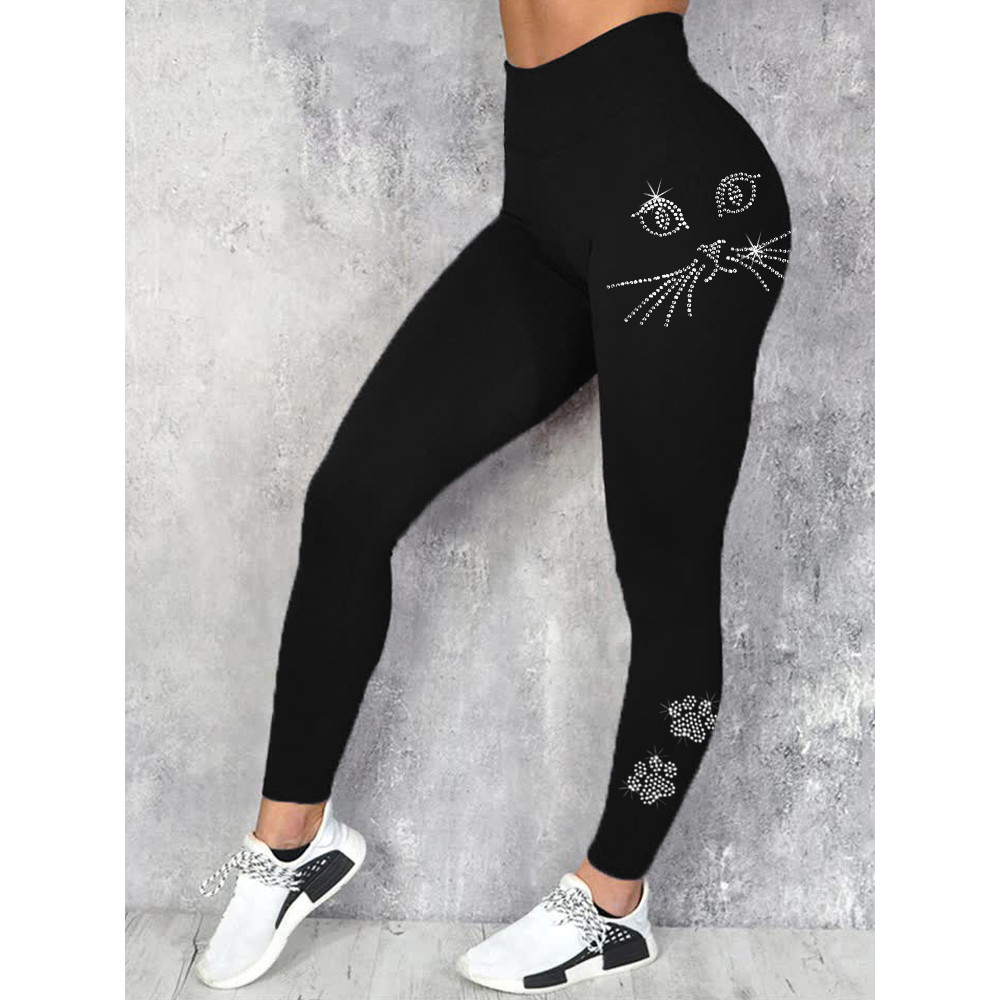 Black Cat Face Paw Print Glitter Art Leggings