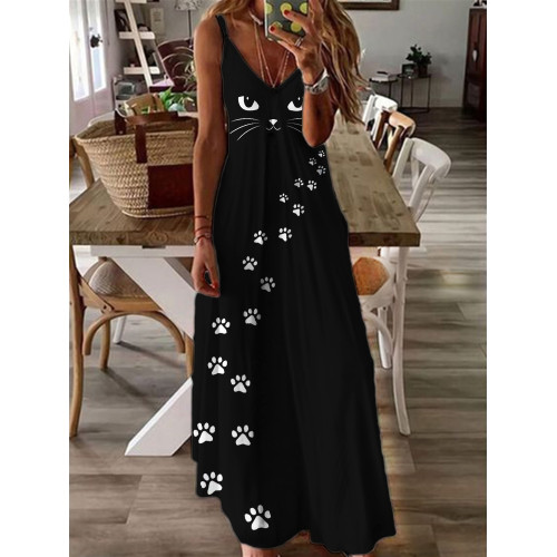 Black Cat Face Paw Print Maxi Cami Dress