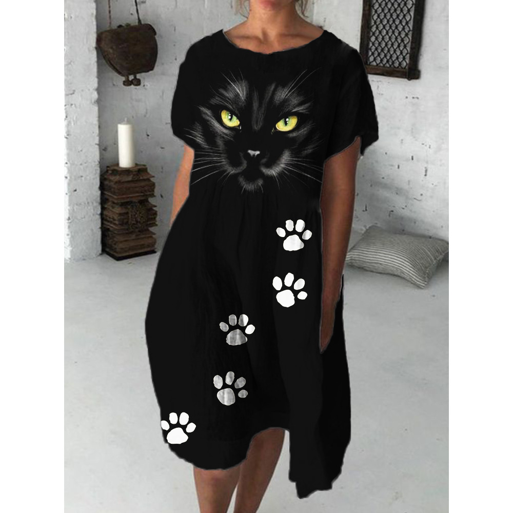 Black Cat Face Paw Print Midi Dress