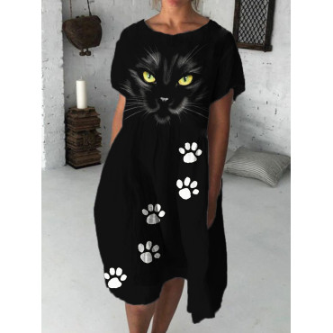 Black Cat Face Paw Print Midi Dress