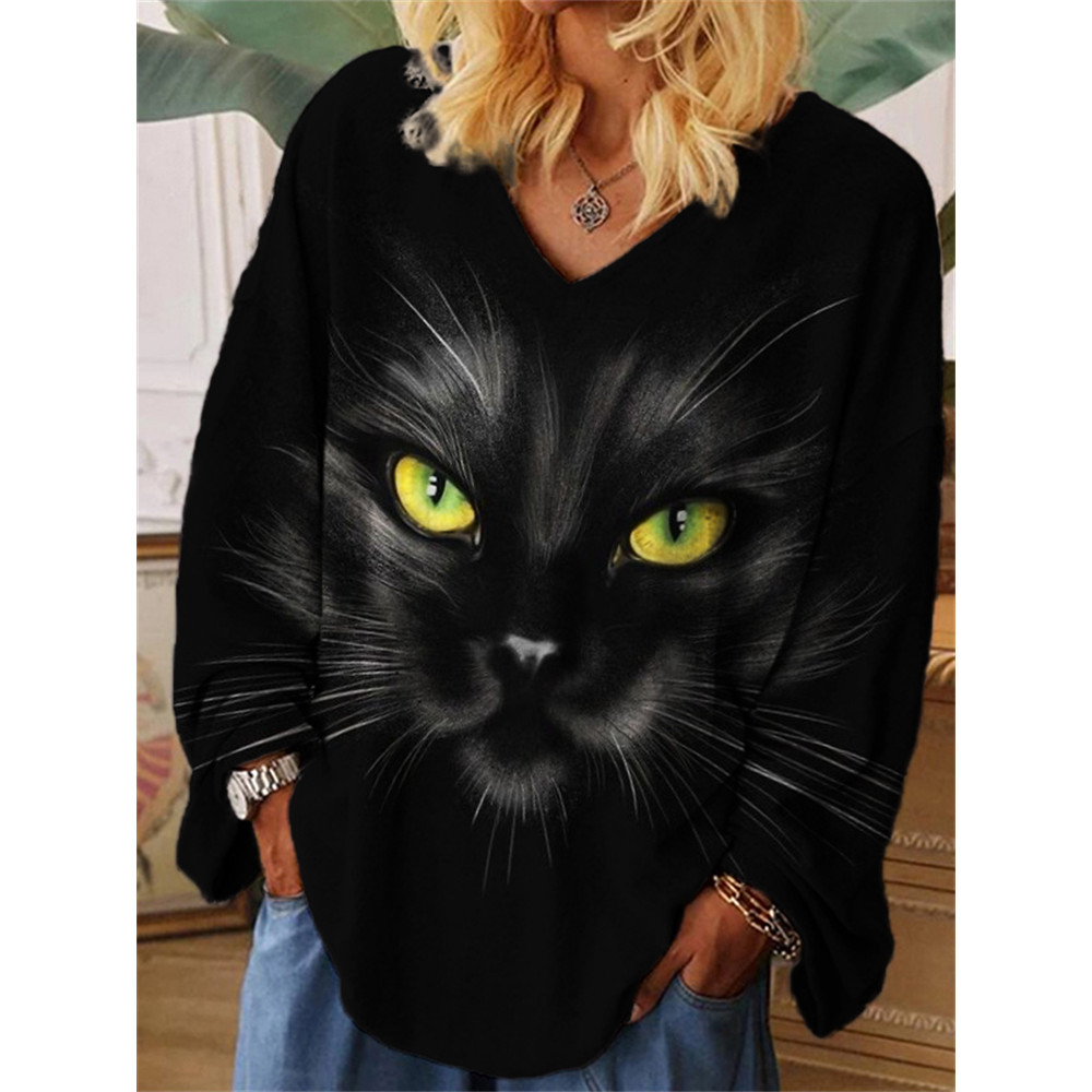 Black Cat Face Print Oversize T Shirt