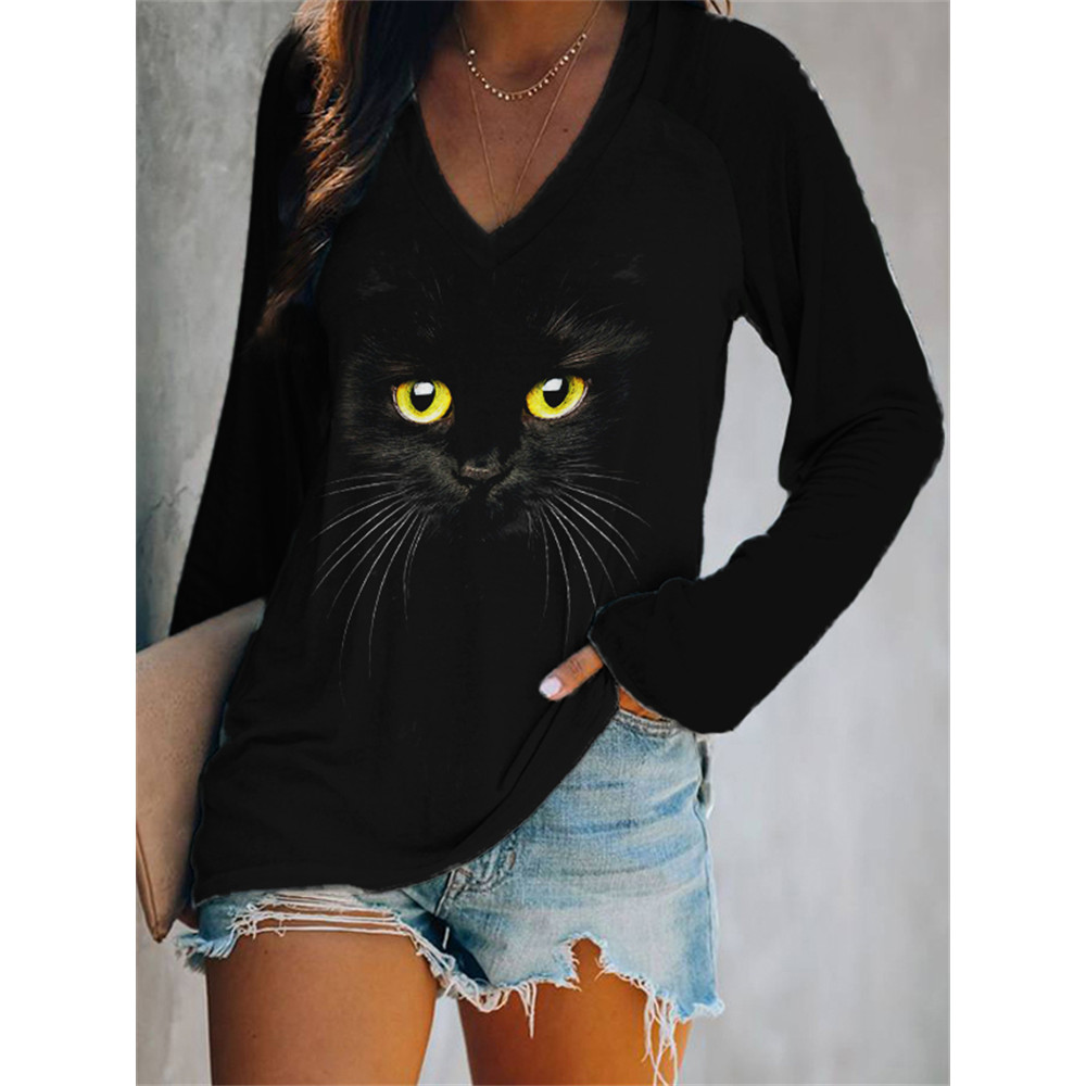 Black Cat Face V Neck Comfy T Shirt