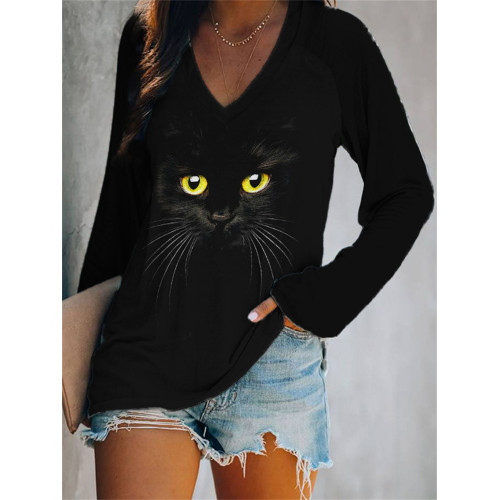 Black Cat Face V Neck Comfy T Shirt