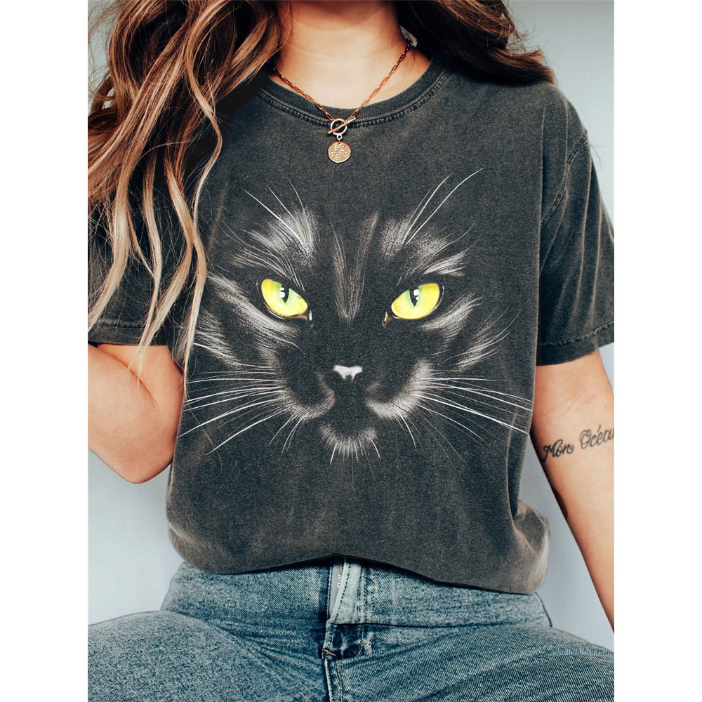 Black Cat Face Vintage Washed T Shirt