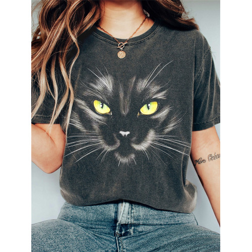 Black Cat Face Vintage Washed T Shirt
