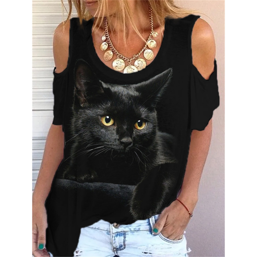 Black Cat Graphic Hollow Shoulder T Shirt