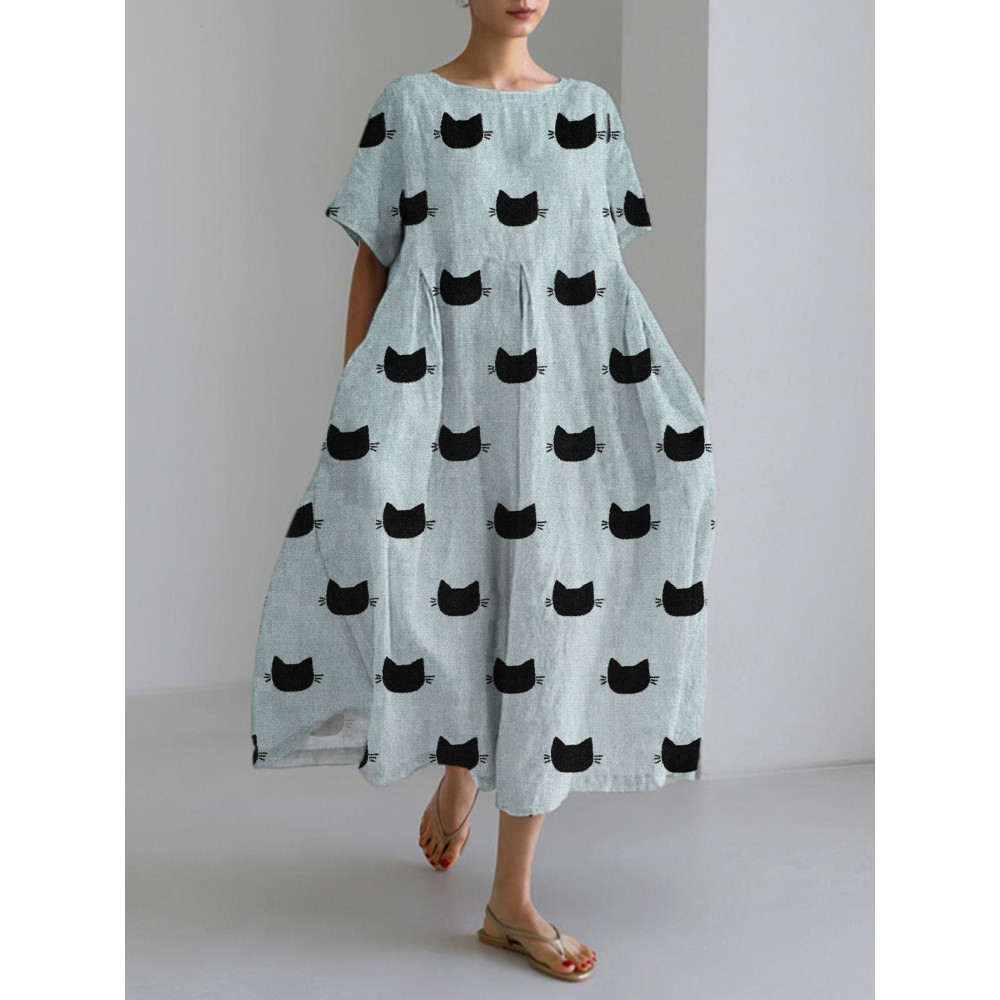 Black Cat Japanese Art Linen Blend Maxi Dress