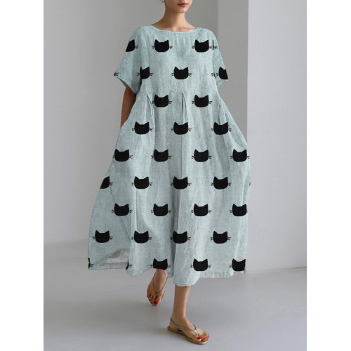 Black Cat Japanese Art Linen Blend Maxi Dress