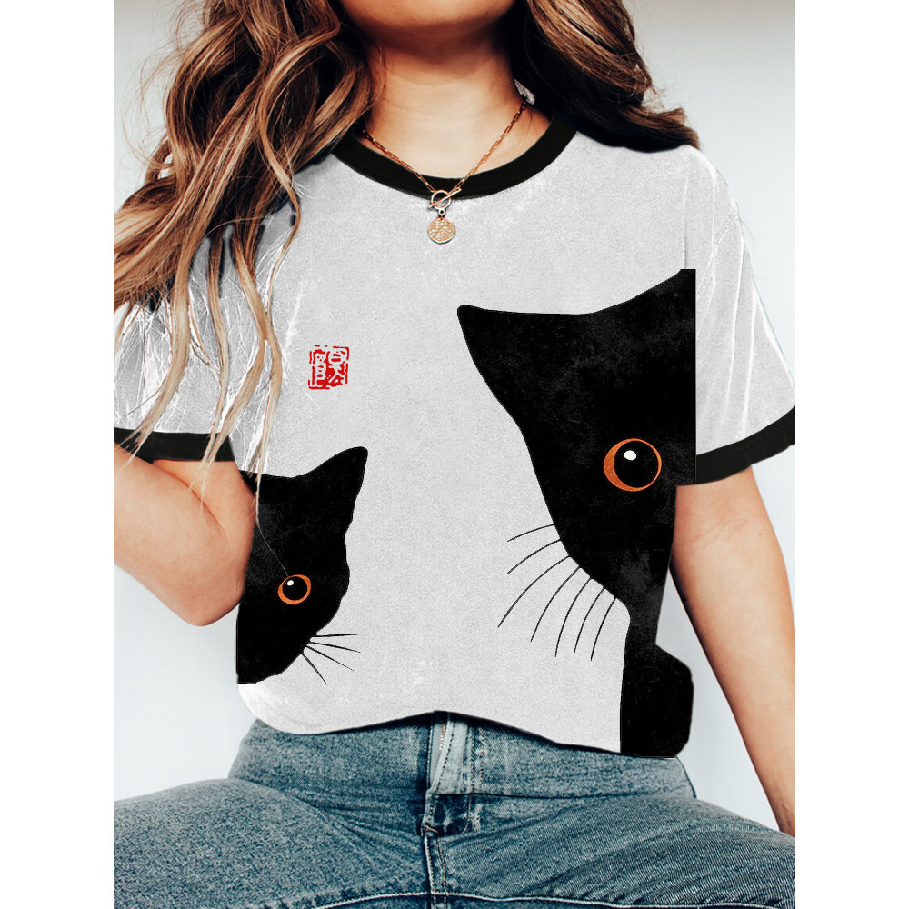 Black Cat Japanese Print Women's Short Sleeve T-Shirt