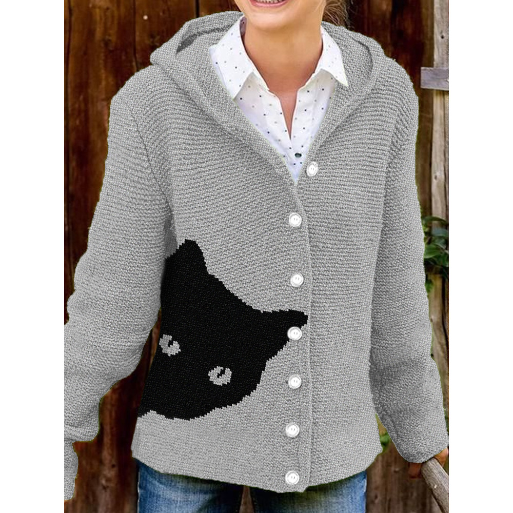 Black Cat Knit Art Cozy Hooded Button Cardigan