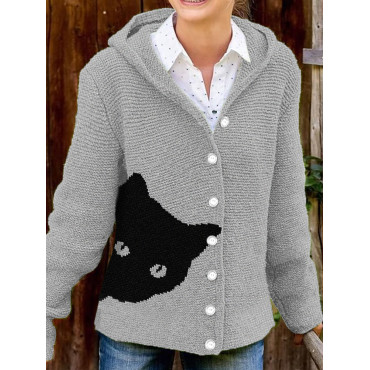 Black Cat Knit Art Cozy Hooded Button Cardigan