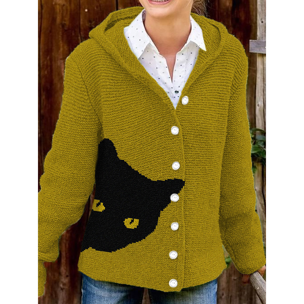 Black Cat Knit Art Cozy Hooded Button Cardigan