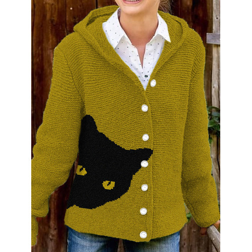 Black Cat Knit Art Cozy Hooded Button Cardigan