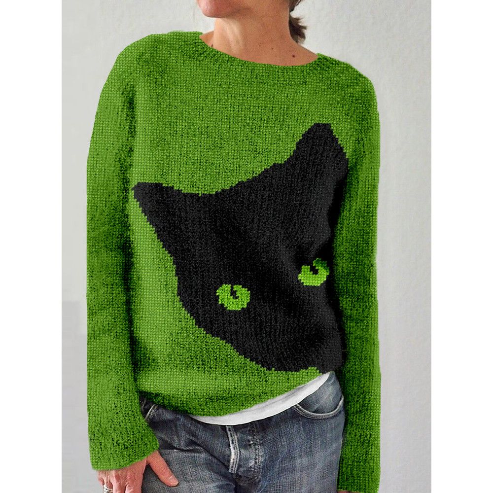 Black Cat Knit Art Crew Neck Cozy Sweater